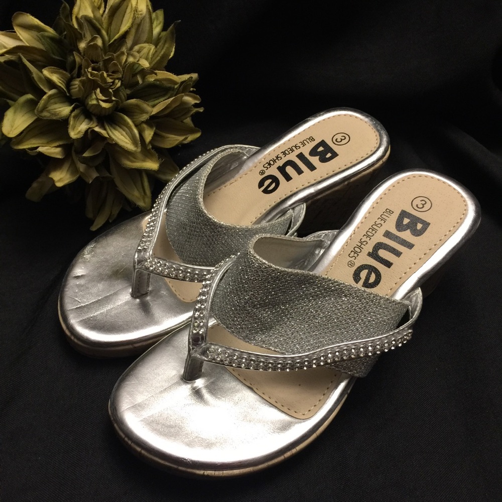 Blue, Blue Suede Shoes-Silver Wedge Sandals-Size:3 - Picture 2 of 7